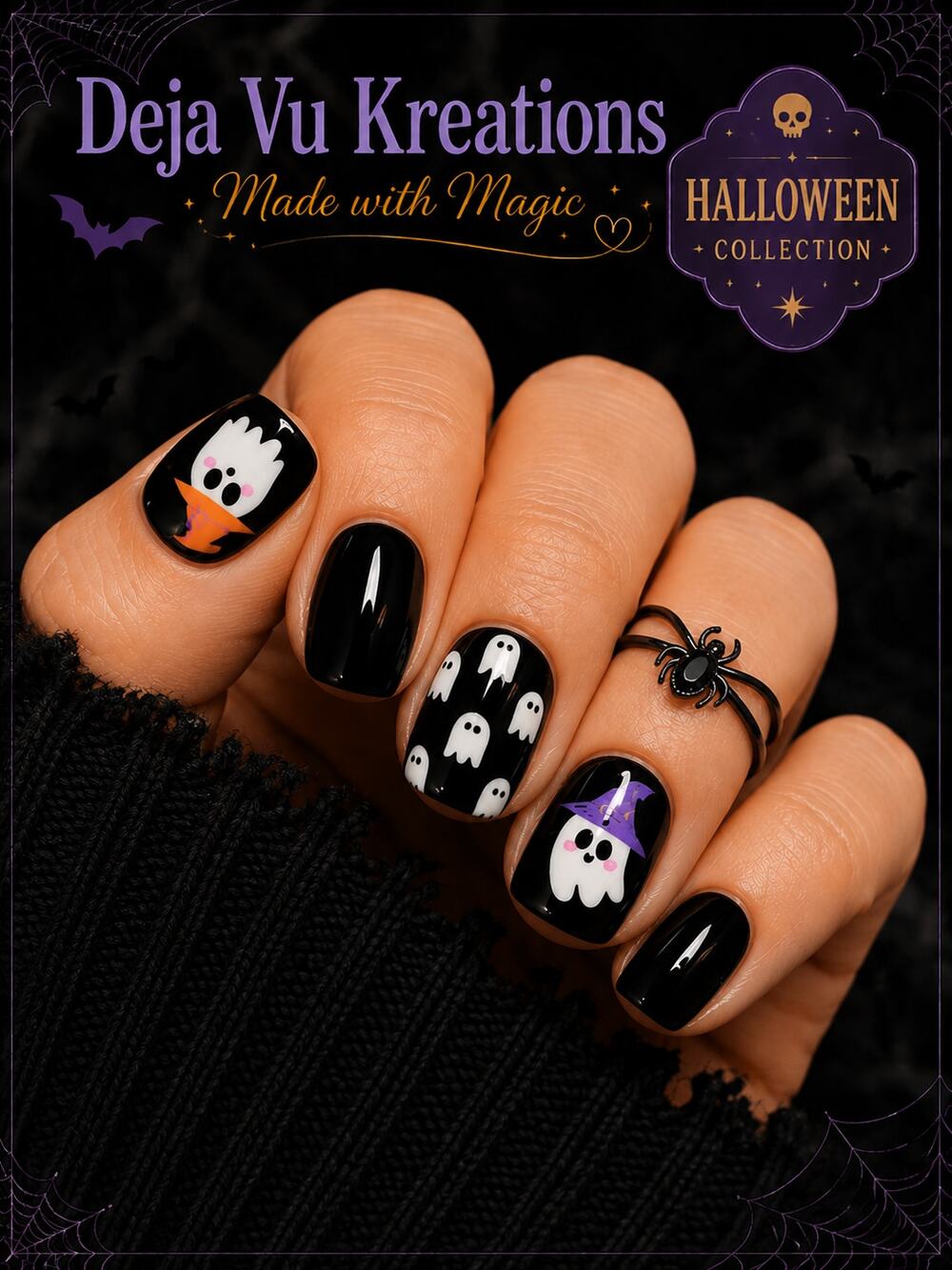 24 Piece Ghost Halloween Press On Short Square Nails